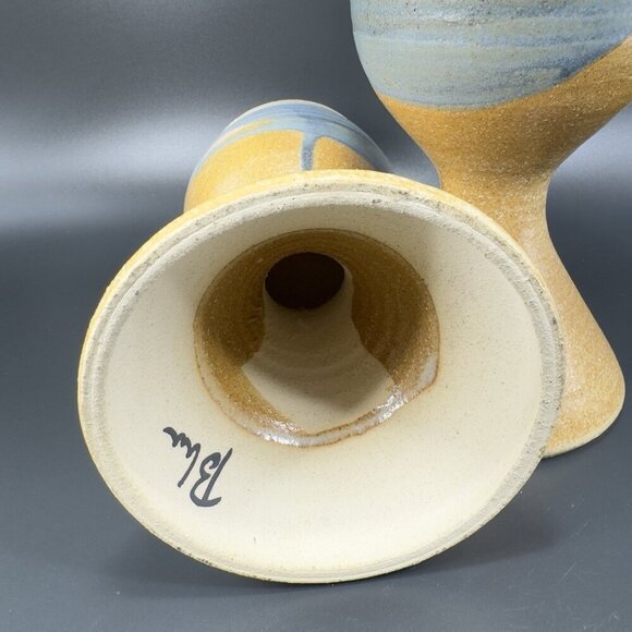 Vintage Large Footed Goblets Cups Set 2 Brown Stoneware Pottery Artist Signed - Picture 5 of 14